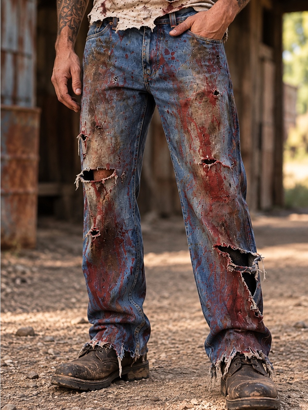 Zombie Apocalypse Distressed Faux Bloody Denim Jeans Halloween Costume